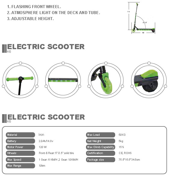 K6 освещают вверх электрическую емкость нагрузки скутера 50KG детей