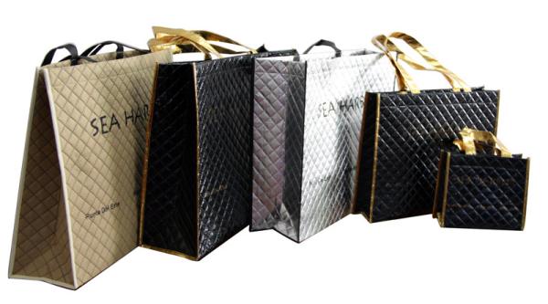 75g Shining Black Square Veins Non Woven Reuseable Carrier Bags For Shopping