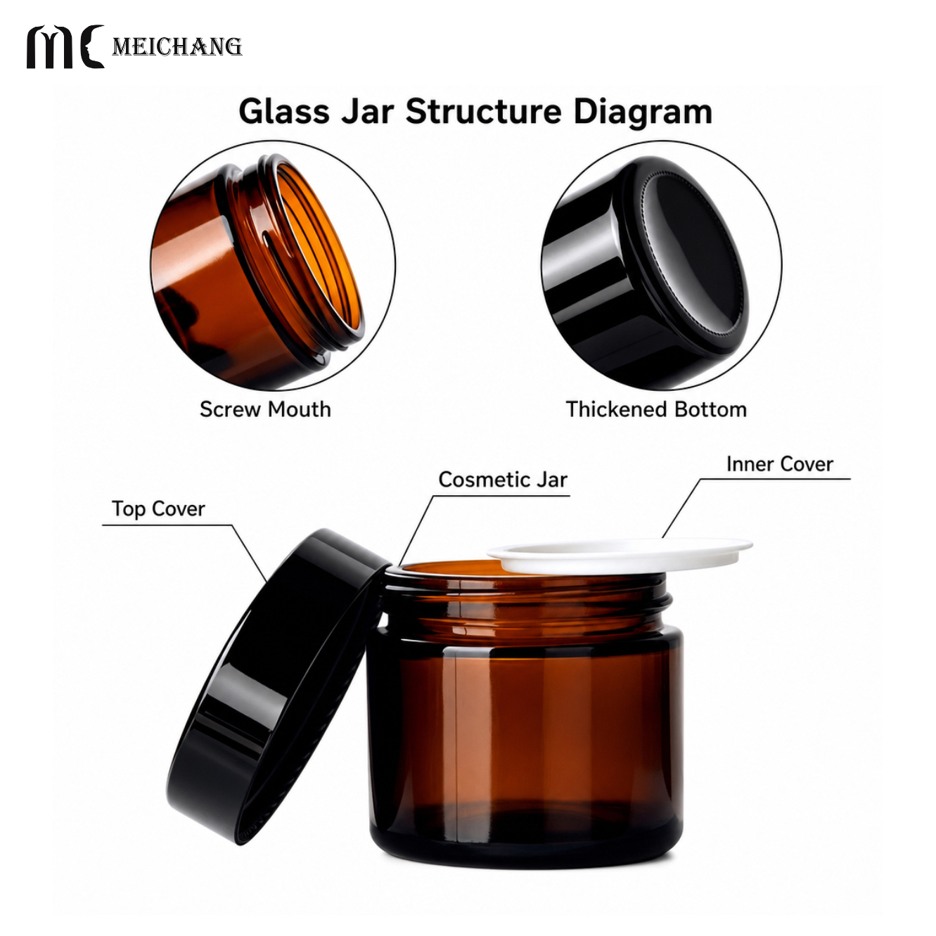 1oz/2oz/4oz/8oz/16oz Amber & Frosted Clear Glass Cosmetic Jar with Black/White Lid(MC-G-557)
