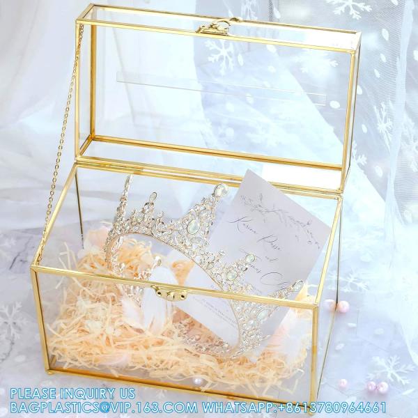 Glass Wedding Card Box With Slot, Clear Card Box Gold Brass Gift Card Storage Box Perfect For Wedding Receptions