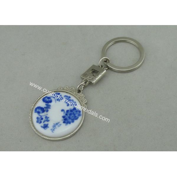 Chrome Plating Promotional Key Chain Blue  /  White Porcelain Inserted Piece