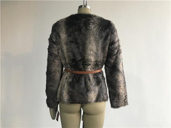 Brown Multi Textured Ladies Faux Fur Coats Collarless With Pu Belt TW74140