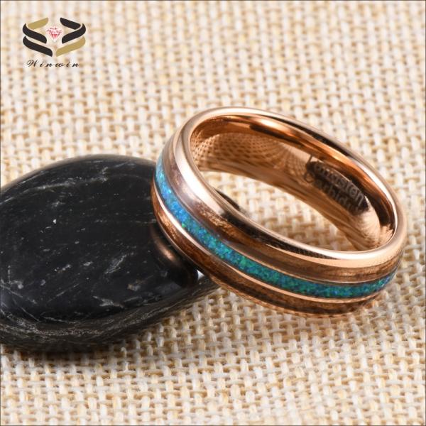 Wood and Opal Inlay 8mm Tungsten Ring in Rose Gold for Fashionable Religious Style Wedding Band