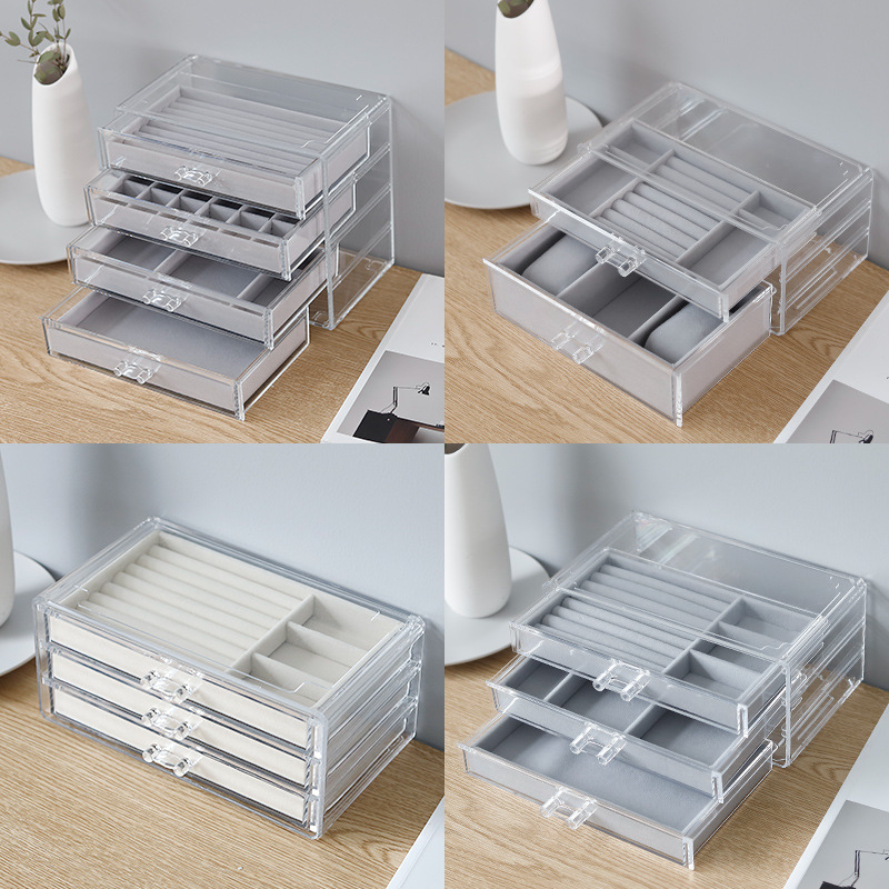 Modern Acrylic Velvet Jewelry Organizer Rectangle 3-Drawer Stackable Display Storage Tray for Earrings Necklace