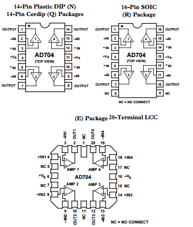 Quad Picoampere Input Current Integrated Circuit Chip AD704JN Bipolar Op Amp