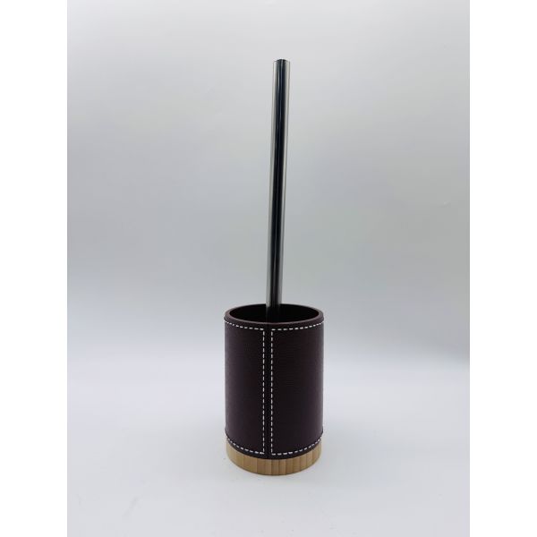 Polyresin bathroom accessories set round with leather effect and bamboo resin lotion pump bottle bath set