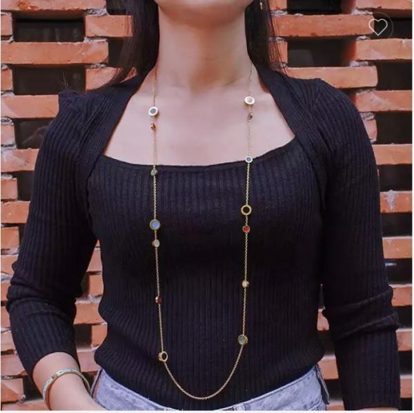 Multicolored Marble Stack Wearing Long Necklace 18K Gold Stainless Steel Necklace