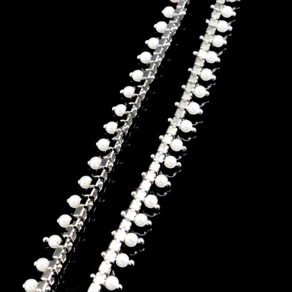 Electroplated Silver Pearl And Rhinestone Necklace 0.9cm Width