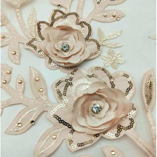 3D Flower Embroidered Lace Fabric , Sequin Lace Mesh Fabrics For Fashion Dresses