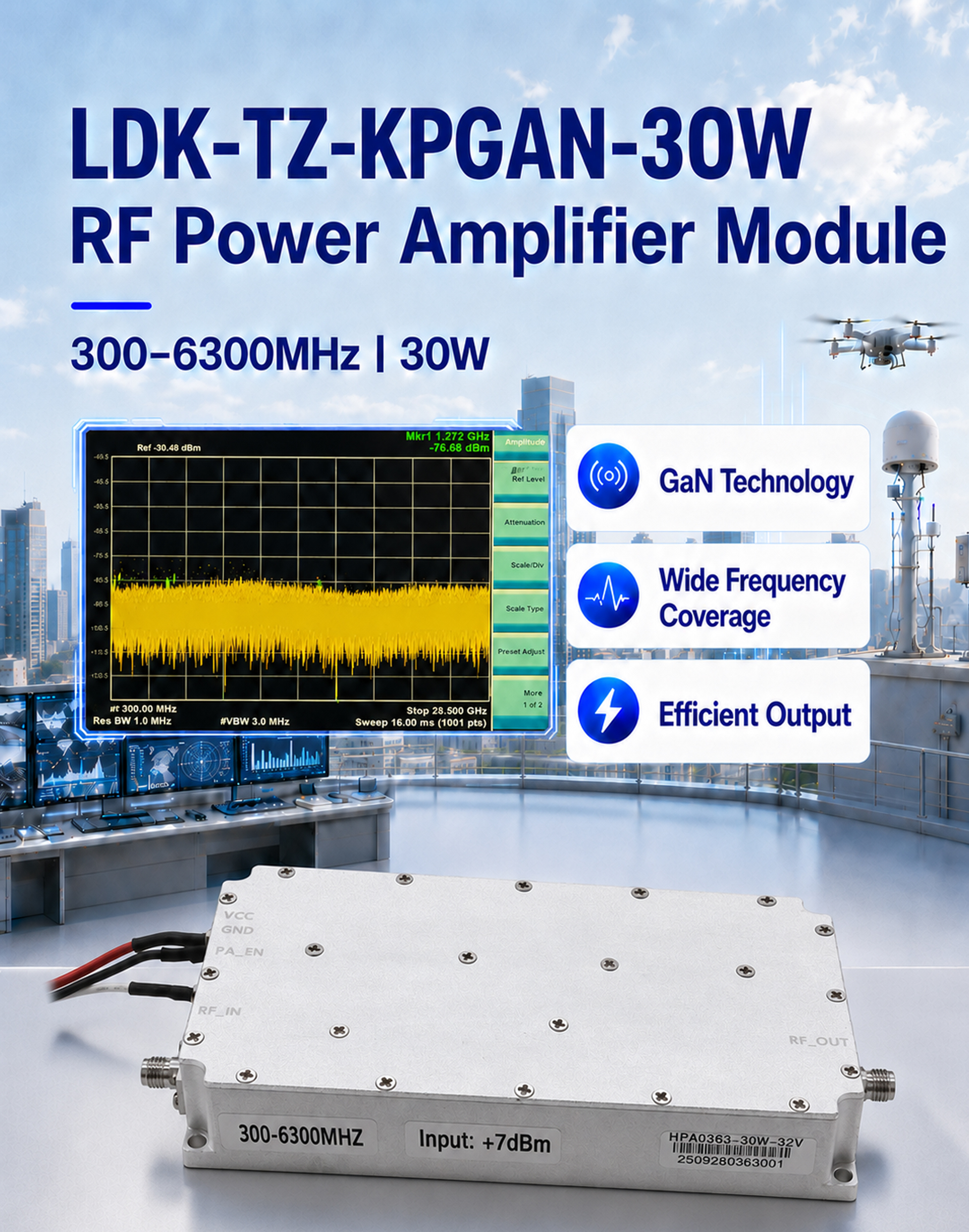 30W 300-6300MHz PA Moudles Anti Drone Signal Effective Wireless & RF for UAV FPV System