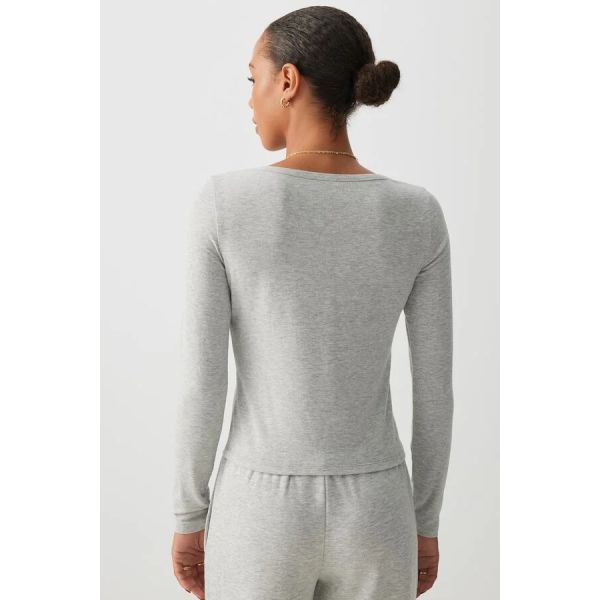 Women's Ribbed Henley Long Sleeve Top - Sweetheart Neck Button Detail (Heather Grey/Black/White)