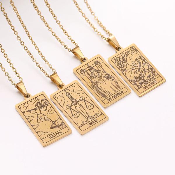 Collier pendentif Tarot doré vintage carré en acier inoxydable avec le Soleil
