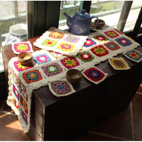 Y-F Nordic Country Rustic Crochet Blanket Farmhouse Plaid Flower Table Runner Teapot Pad coaster Set