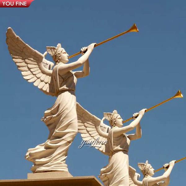 Outdoor Garden Life Size Hand Carved Marble Stone Angel Horn Statue Sculpture
