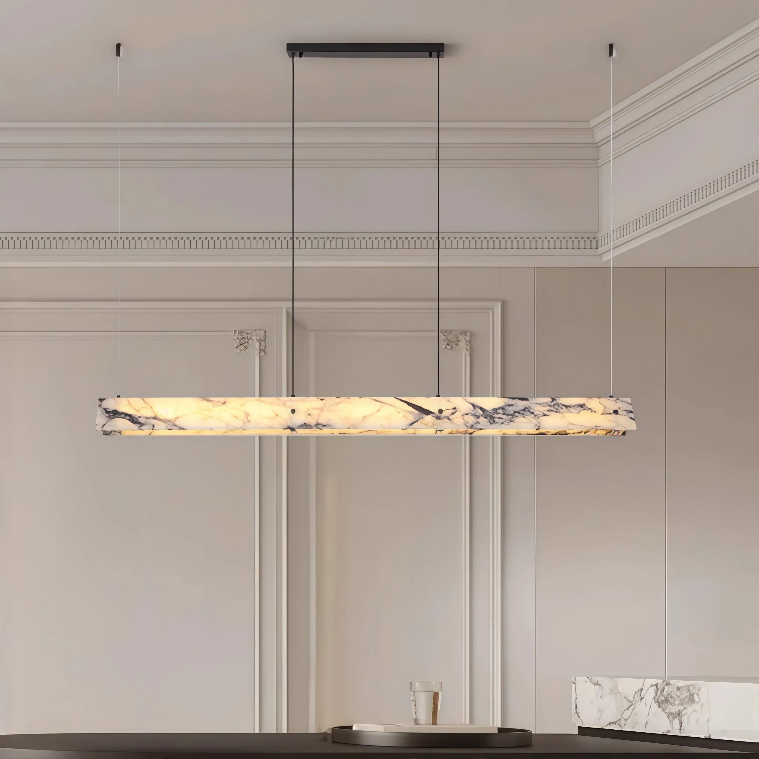 JYLIGHTING Modern Linear Natural Marble Stone Suspension Lamp, Translucent Stone Pendant Light for Dining Room, Villa and Upscale Commercial Interior Projects