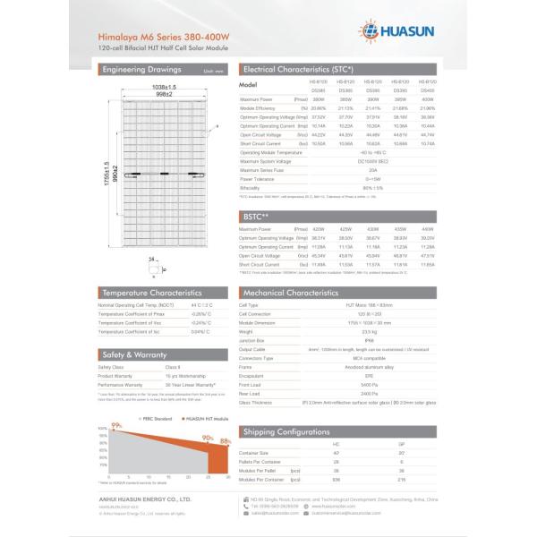панели Hjt Mono неполной вырубки панелей солнечных батарей 395w 166mm 380w Huasun Bifacial фотовольтайческие