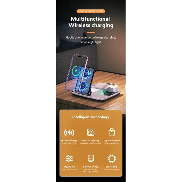 9V 2A 4 In 1 Wireless Charging Stand With RGB Nightlight