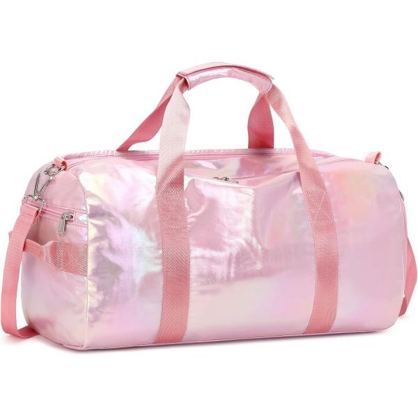 Water Resistant Polyester Metalic Pink Color Overnight Weekender Gym Dance Bag with Wet pocket