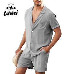 Calções de Verão para Homens Composto Simples Linho Algodão Respirável Cor Sólida Traje de Duas Peças