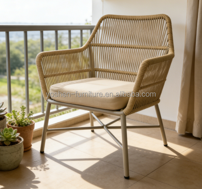 Cozy Modern Rattan Chair with Cushion & Metal Frame for Balcony Deck Garden Patio