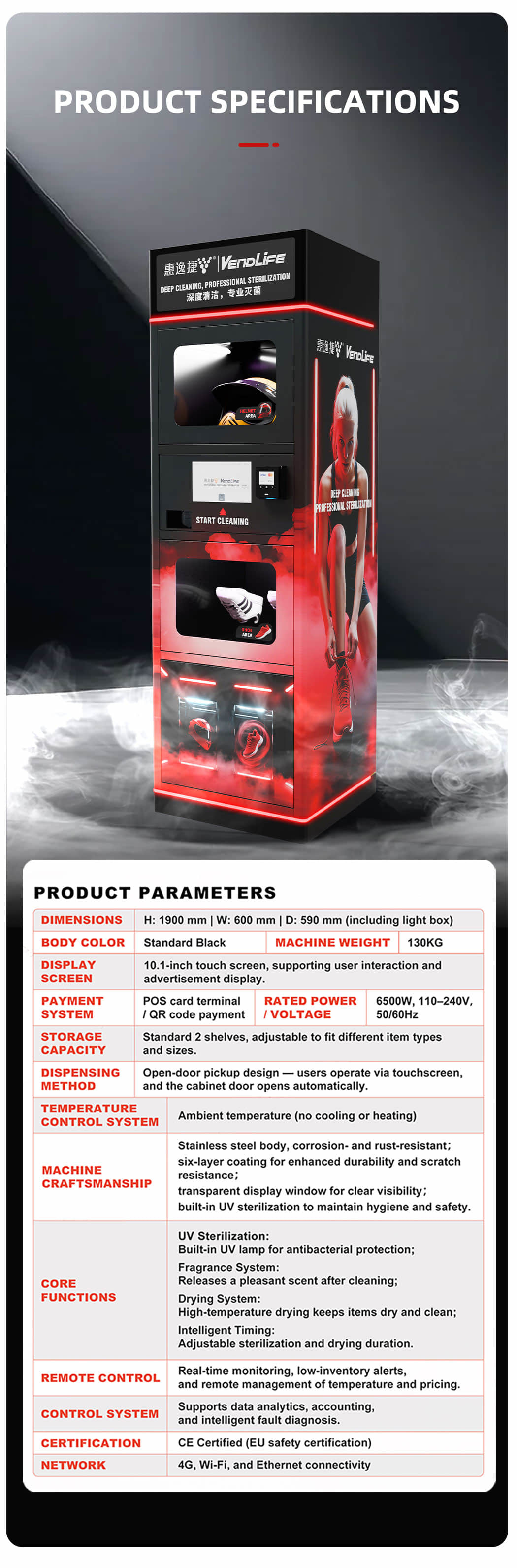 Smart Helmet Cleaning Vending Machine with UV Sterilization, Automatic Drying, Deodorizing System and QR Card Payment for Motorcycle Shops, Gyms and Public Locations