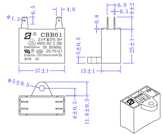 CBB61 450V 2.0uf кондиционер конденсатор C-класс RoHs четыре терминала быстрого подключения