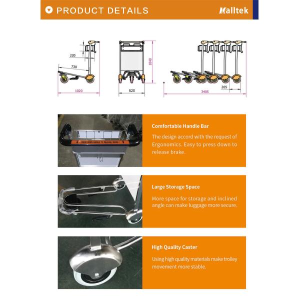 Chariot de bagages d'aéroport en acier inoxydable avec frein à manche