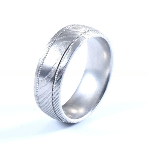 8mm Damascus Steel Men's Wedding Band with Double Gear Groove and Customer's Logo