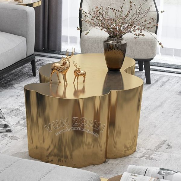 YunZonn Luxury Modern Stainless Steel Coffee Table High Quality Silvery Mirror Finish Unique Shape Home Hotel Living Room Bar