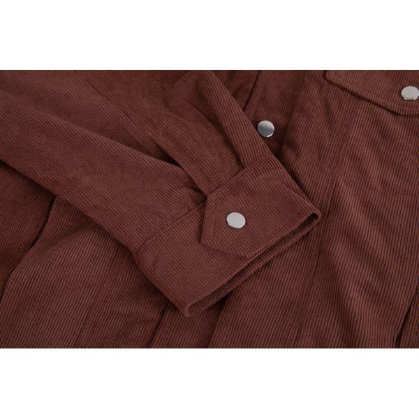 Chestnut Brown Corduroy Shell Sherpa Lined Trucker Jacket with Snap Front Closure