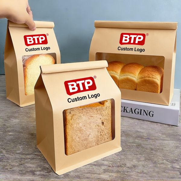 MOQ 100pcs Custom Logo Bakery White Kraft Paper Pouch Stand up Toast & Bread Packaging Bag with Tin Tie Transparent Window