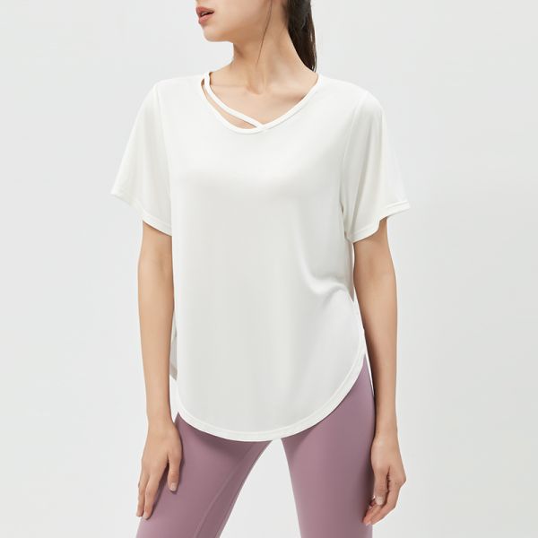 Women's Loose Fit Athletic Yoga Top Short Sleeve with Crisscross Neckline Side Knot