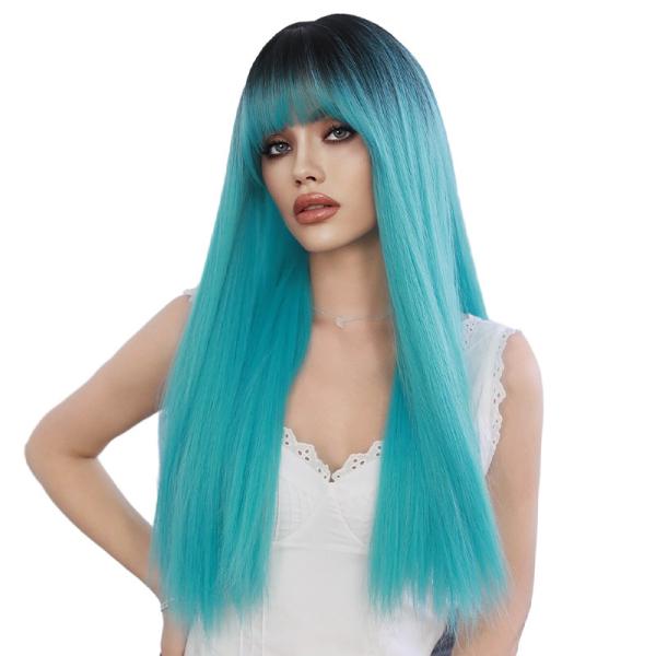 Fashion Long Straight Dark Root Hair Blue Synthetic Wigs For Women
