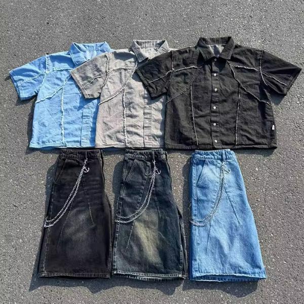カスタムボタンアップ2ピースシャツ デニムショーツセット ニットソーイングコットン ボクシーフィット ポロTシャツ デニムショーツ メンズトラックスーツ