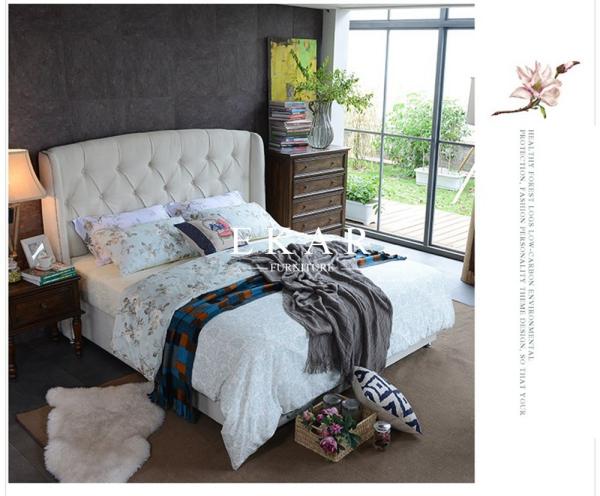 Headboard Upholstered Fabric King Wooden Bed