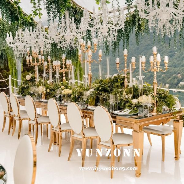 Modern Gold Stainless Steel Mirrored Glass Top Dining Table for Hotels Weddings Parties Outdoor Events for Banquets