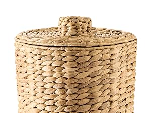 Wicker Waste Basket - Water Hyacinth Bathroom Garbage Can With A Lid - Bathroom Trash Can Boho Style - Wicker Trash Can With Lid For Household, Kitchen - Removable Liner, Iron Frame