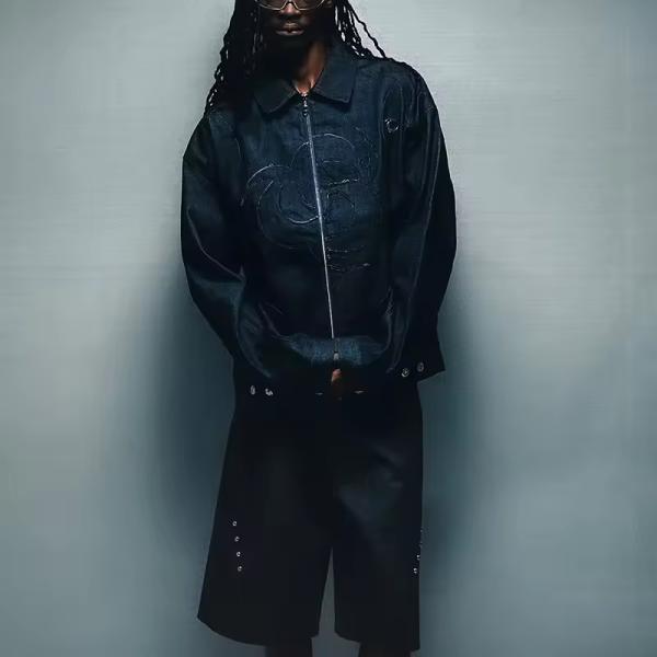 OEM Custom Denim Jacket Fashion Streetwear Embroidered Denim Jacket and Denim Shorts Set Tracksuit Men