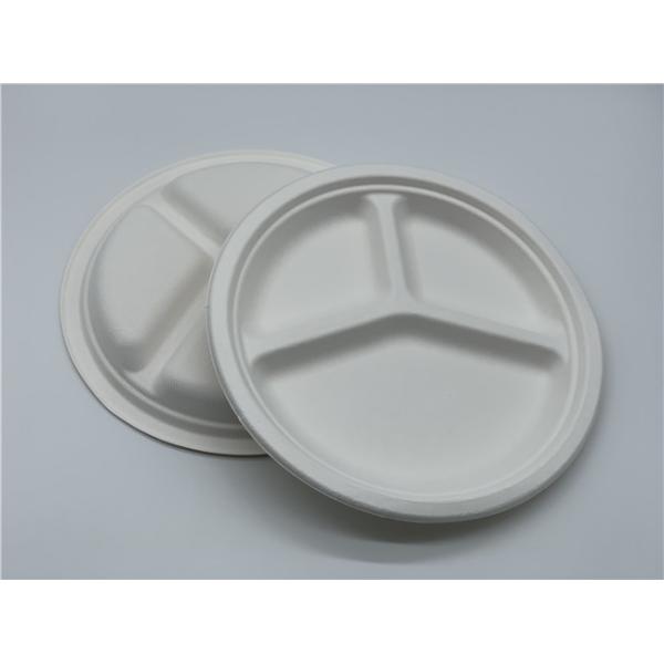 3 Compartment Round Disposable Dishes Biodegradable Sugarcane Bagasse 9inch 10inch Plates