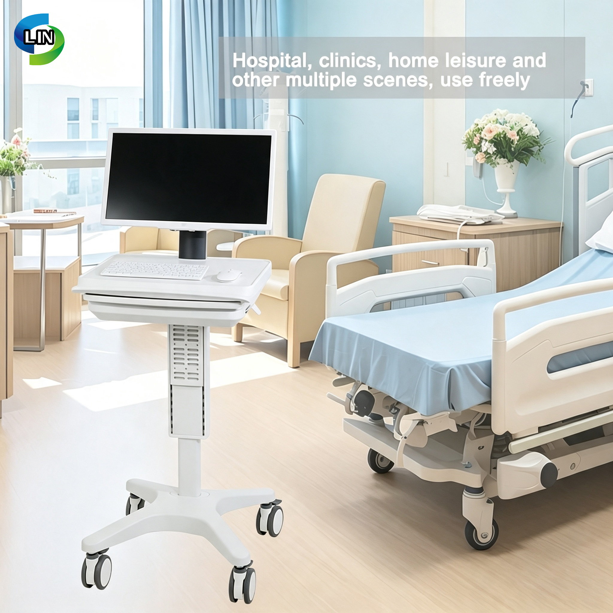 Class I Medical Devices Mobile Nursing Workstation with Noiseless Easy Roll Casters and 20kg Load Capacity
