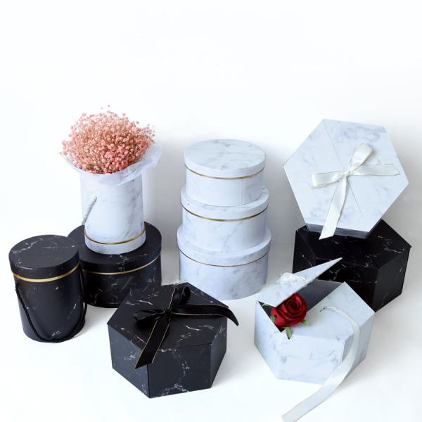 Caixa de flores de papelão personalizado de impressão de mármore redondo com logotipo