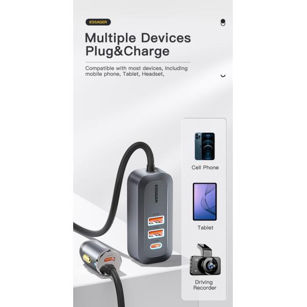 Cargador de automóvil para automóviles Essager 2022 Doution 1.5m Cable de extensión 2C2A Cargador de automóviles de 100W Para teléfono móvil Huawei Xiaomi