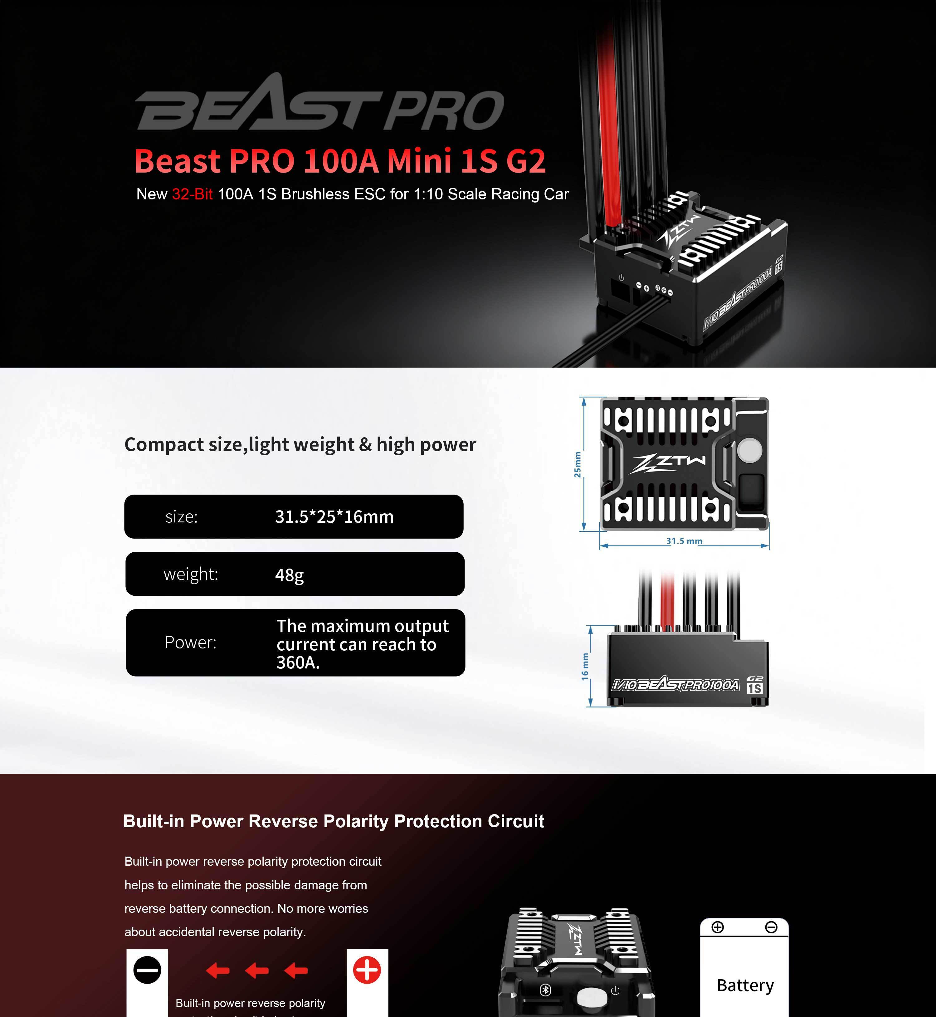 1S Pan Car ESC ZTW Beast PRO 100A Mini 1S G2 32 Bit Sensored ESC