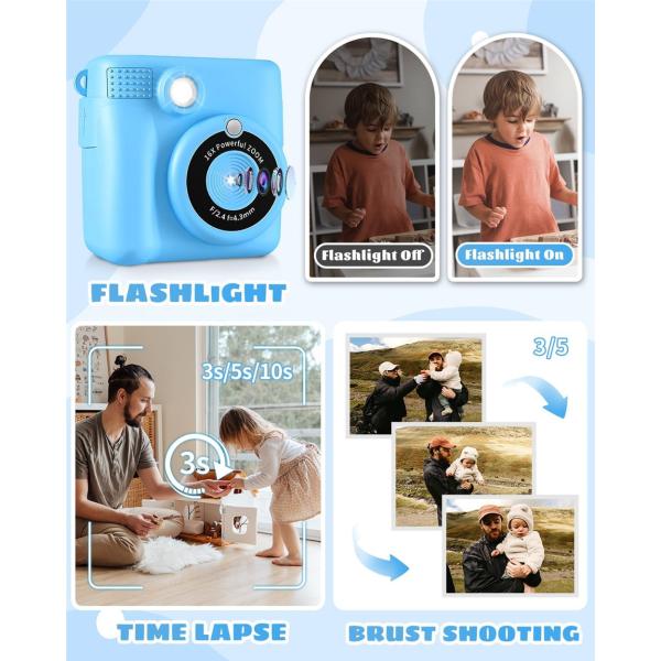 1080P HD Kids Digital Camera 2.4 inch Screen Size Instant Print 32G SD Card 3 Rolls Photo Paper Perfect Birthday Christmas Gifts for 6-12 Boys Girls