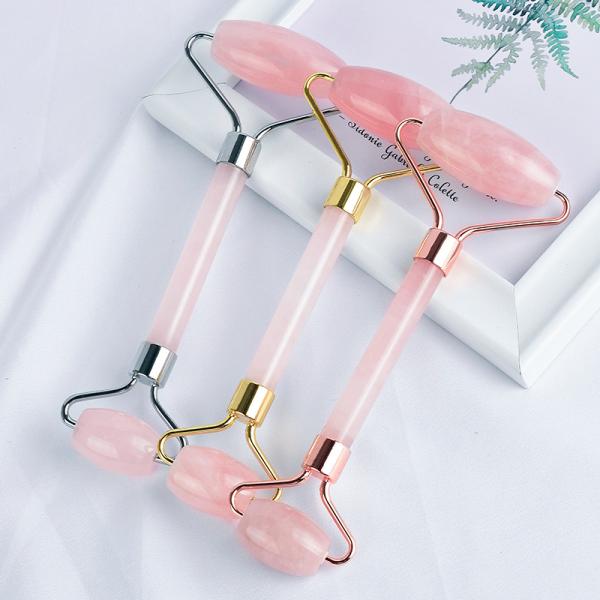 Facial Jade Roller with Double Rollers in Natural Rose Gold Rose Quartz Material