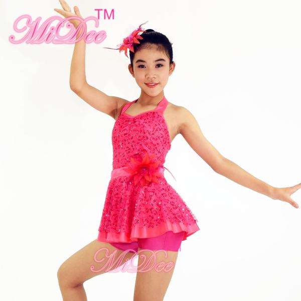 2 In 1 Pink Sleeveless Sequin Dress Leotard Girls Dance Costumes For Competition