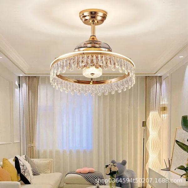Retractable Blade Modern Folding Fan Light Remote Control Chandelier LED Invisible Ceiling Fan Crystal Light (WH-VLL-29)