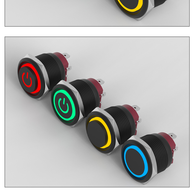 HongYe 22mm Metal Push Button Switch 15A High Current Alumina Black Housing Self-Locking Momentary 1NO IP65 Max 220V LED Ring