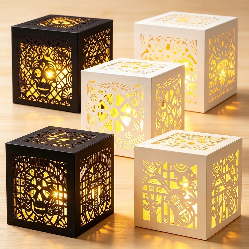 Mini paper luminaries with calavera cut-outs for ofrenda altars
