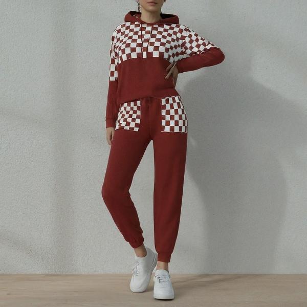 Sport Women'S Clothing Set Terry Jogger Checkerboard Hoodie And Track Pants